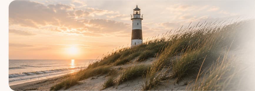 Vuurtoren in de duinen bij zonsondergang