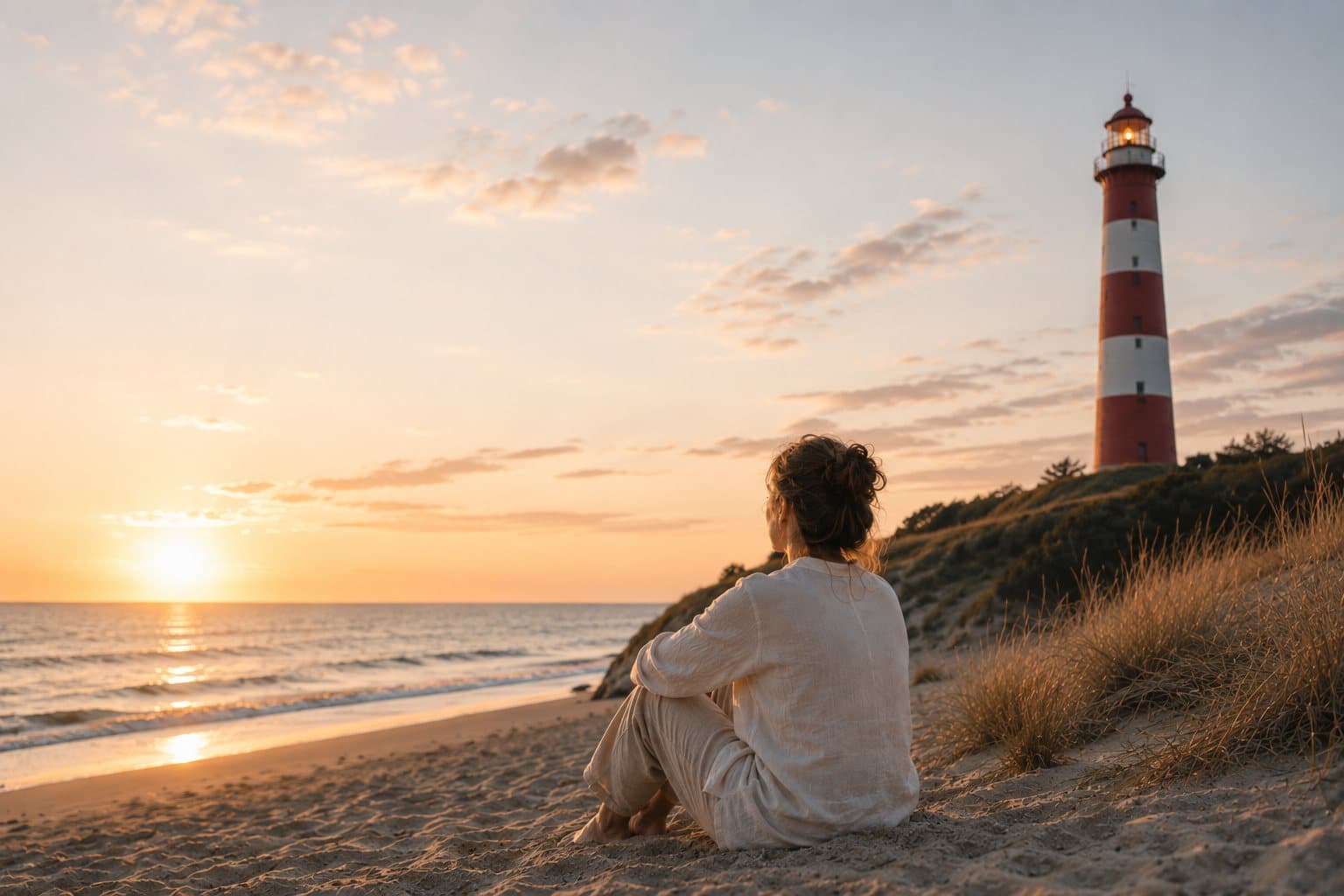 Vrouw zit op het strand bij zonsondergang en kijkt uit over zee met vuurtoren - rust, richting en veerkracht