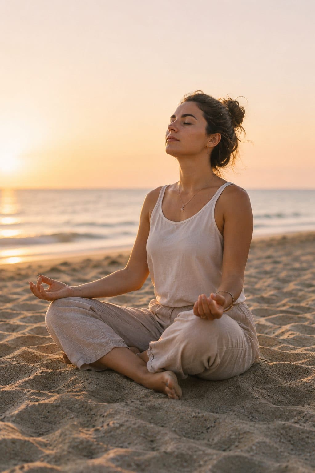 Vrouw in meditatie bij zonsondergang aan zee