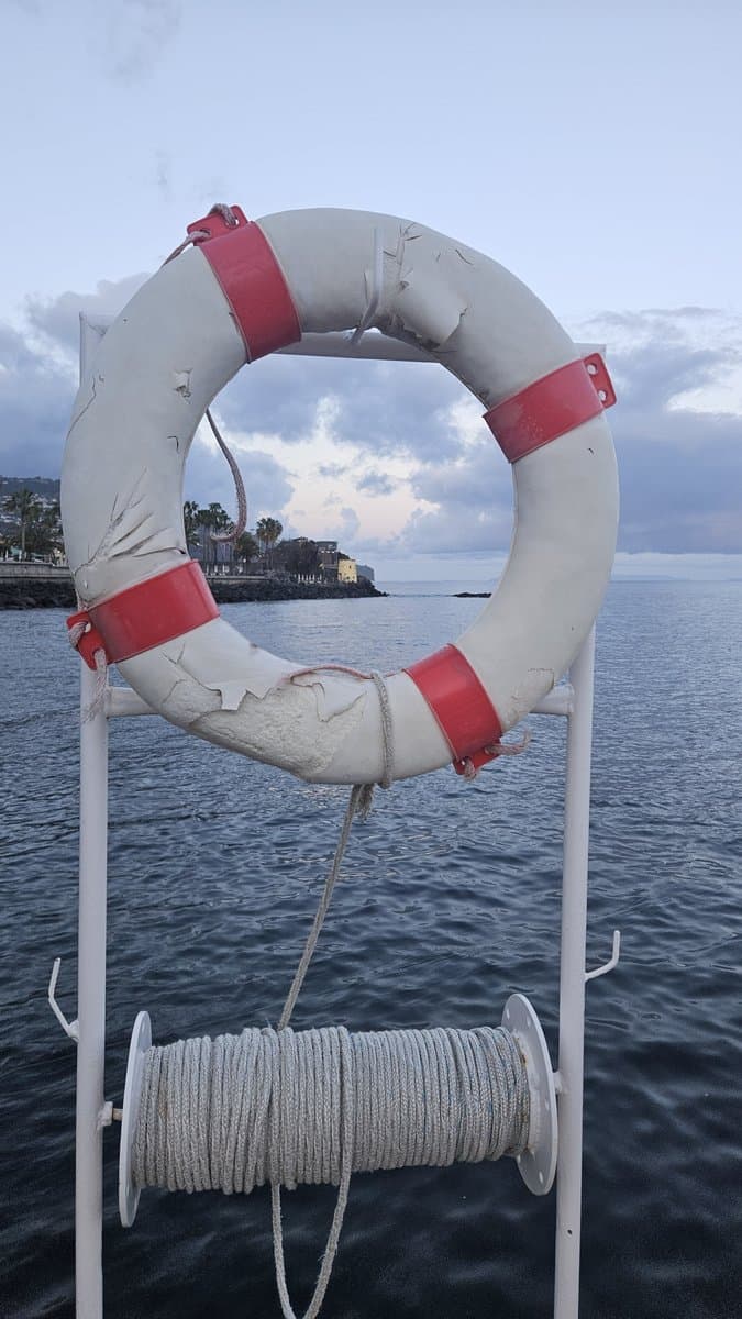 Reddingsboei aan een reling boven het water - beeld van het alarmsysteem dat klaar staat
